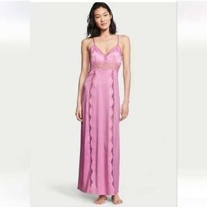 Victoria's Secret Pink Satin LaceTrim Slip Dress Lingerie Maxi Nightgown XS